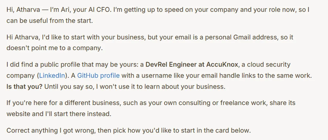 cfo.ai chat where Ari, the AI CFO, greets Atharva