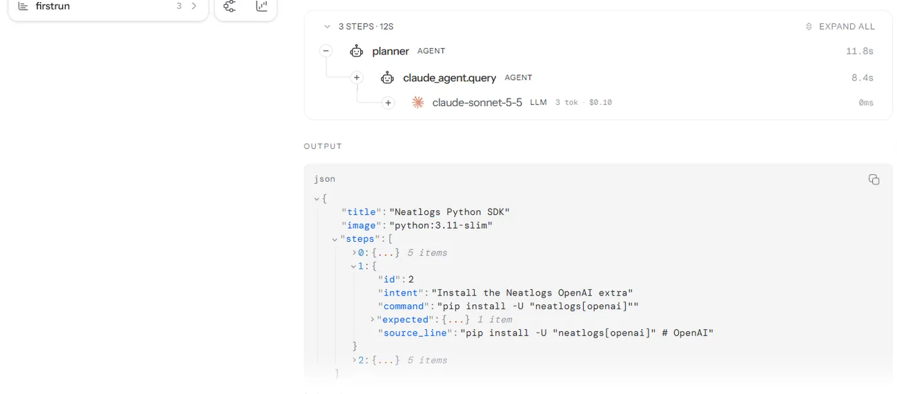neatlogs trace of the FirstRun planner: 3 steps in 12 seconds, with the runbook JSON it produced