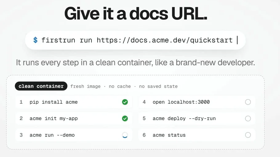 A terminal command, firstrun run with a docs URL, above six numbered quickstart steps in a clean container